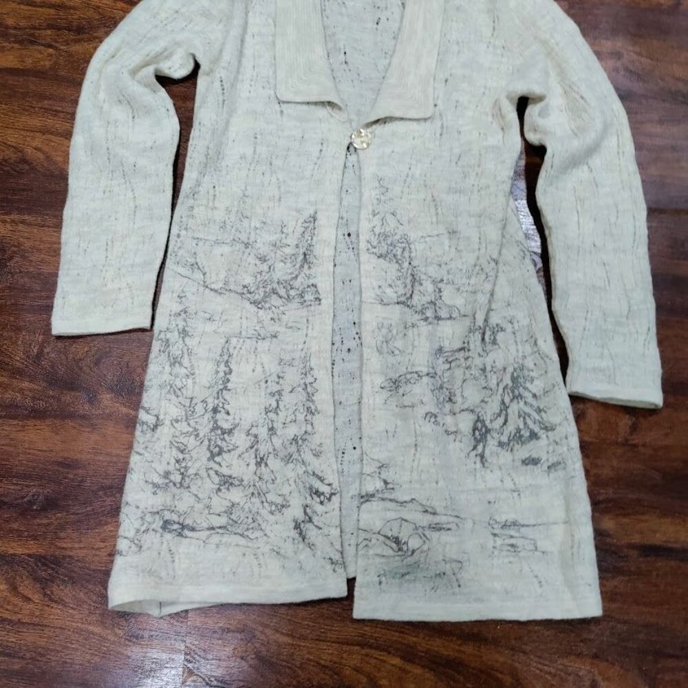 Coldwater Creek Wool Long Cardigan Beige & Gray Alpine Scenic Artsey - Picture 8 of 15